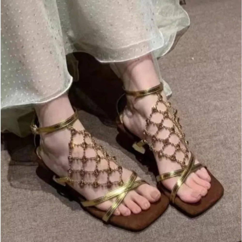 Mesh Strap Metal - Temperament High Heels Women Summer Square
